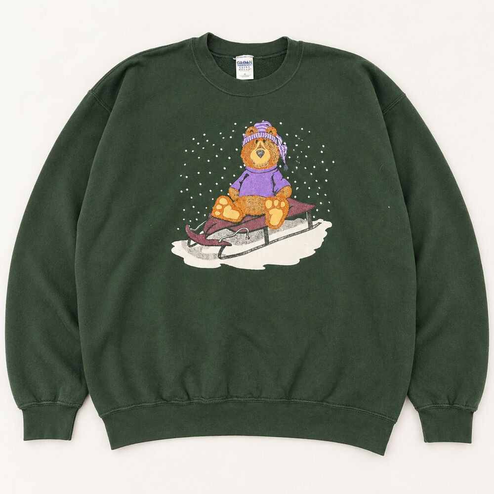 Gildan Ultra Blend Heavyweight Sweatshirt XL Green Bear Sled Winter Graphic